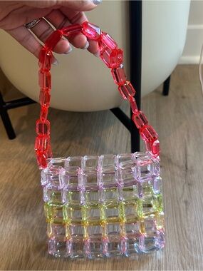 Multi Color Beaded Clear Square Grid Shoulder Bag